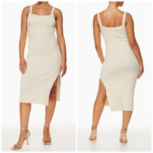 New Babaton Chase Ribbed Stretch Cream Midi Bodycon Knit Dress with Side Slit